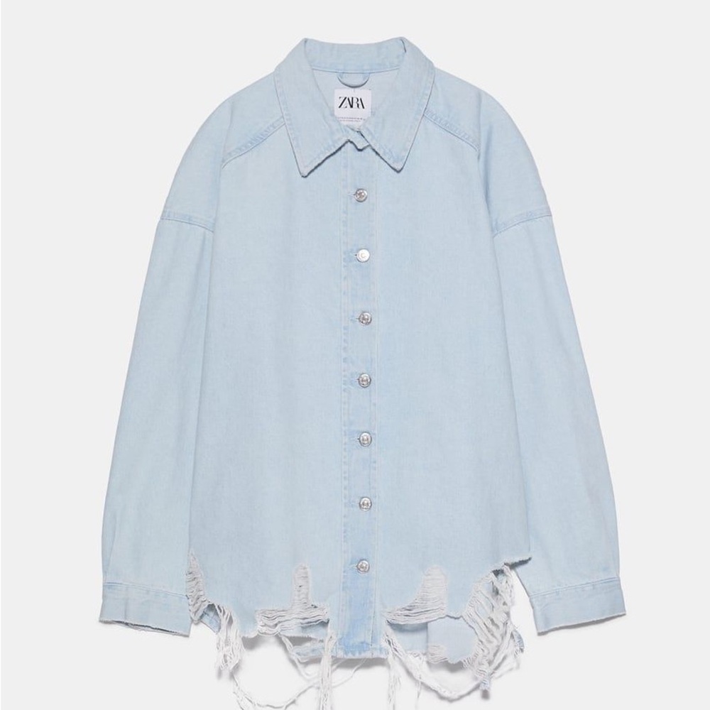 Zara Sky Blue Frayed Denim Shirt